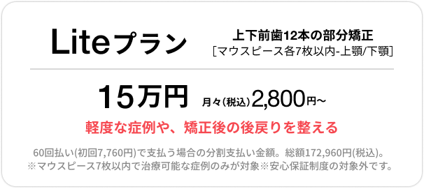 Basicプラン、上下前歯12本の部分矯正、33万円、月々（税込）3,500円〜