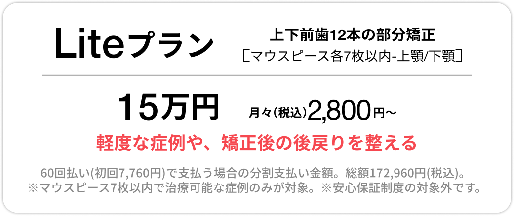 Basicプラン、上下前歯12本の部分矯正、33万円、月々（税込）3,500円〜